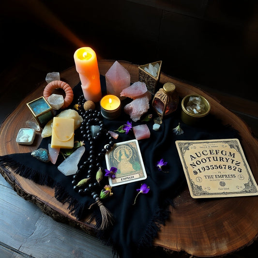 “Witchy altar with labradorite, rose quartz, and rosary on velvet from Sacred Moon Market—cool magic ✨.”