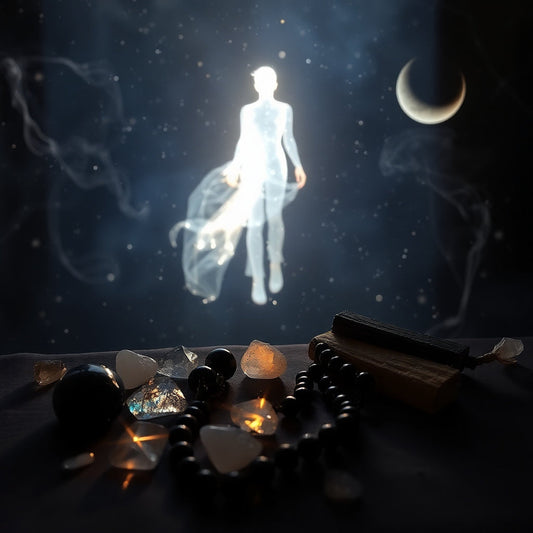 “Ethereal astral projection scene with labradorite, moonstone, and obsidian crystals on a counter from Sacred Moon Market—pure cosmic magic.”