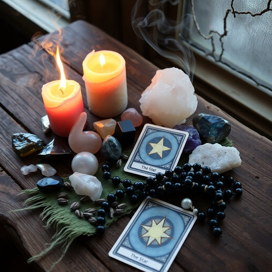 Crystal vibe ritual with rose quartz, labradorite, and rosary on sage cloth from Sacred Moon Market—cool magic ✨