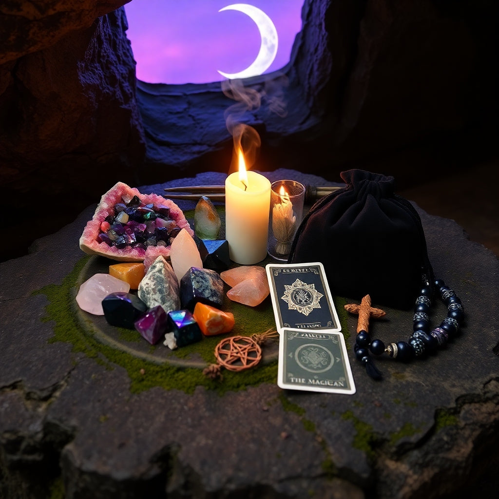 : “Witchy crystal ritual altar with amethyst, rose quartz, and labradorite from Sacred Moon Market—cool magic ✨.