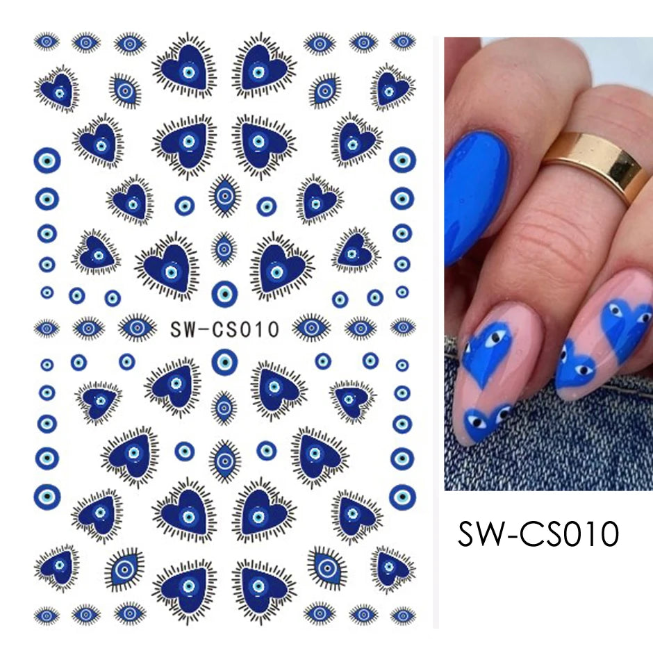 3D Heart Nail Design Blue Red Evil Eye Nail Art Decoration Sticker Press on Nails Valentine Decals Manicure Accessory SASW-CS012