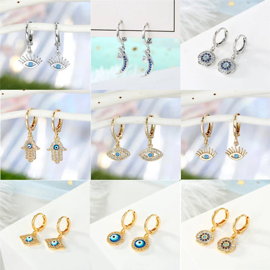 Dayoff Turkey Small Rhinestone Evil Eye Plam Hoop Huggie Earrings For Women Trendy Moon Turkish Earings Circle Jewelry Gift