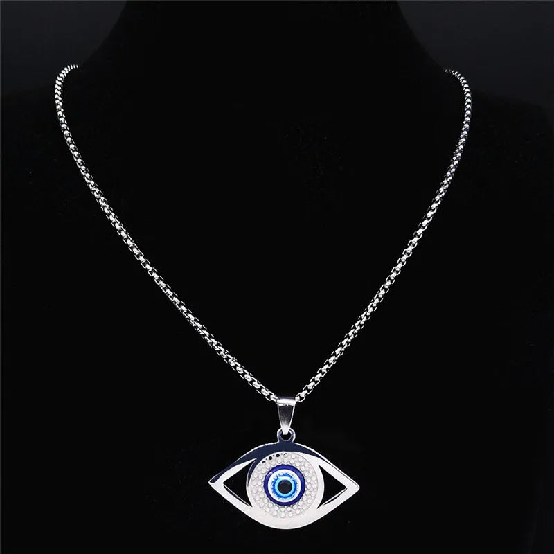 Islam Hamsa Evil Blue Eye Necklace Stainless Steel Turkish Eye Necklace Greek Jewelry ojo turco acero inoxidable N1258S02