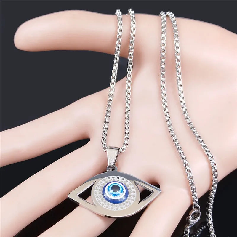 Islam Hamsa Evil Blue Eye Necklace Stainless Steel Turkish Eye Necklace Greek Jewelry ojo turco acero inoxidable N1258S02