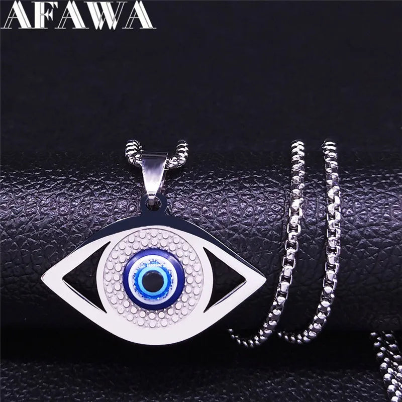 Islam Hamsa Evil Blue Eye Necklace Stainless Steel Turkish Eye Necklace Greek Jewelry ojo turco acero inoxidable N1258S02