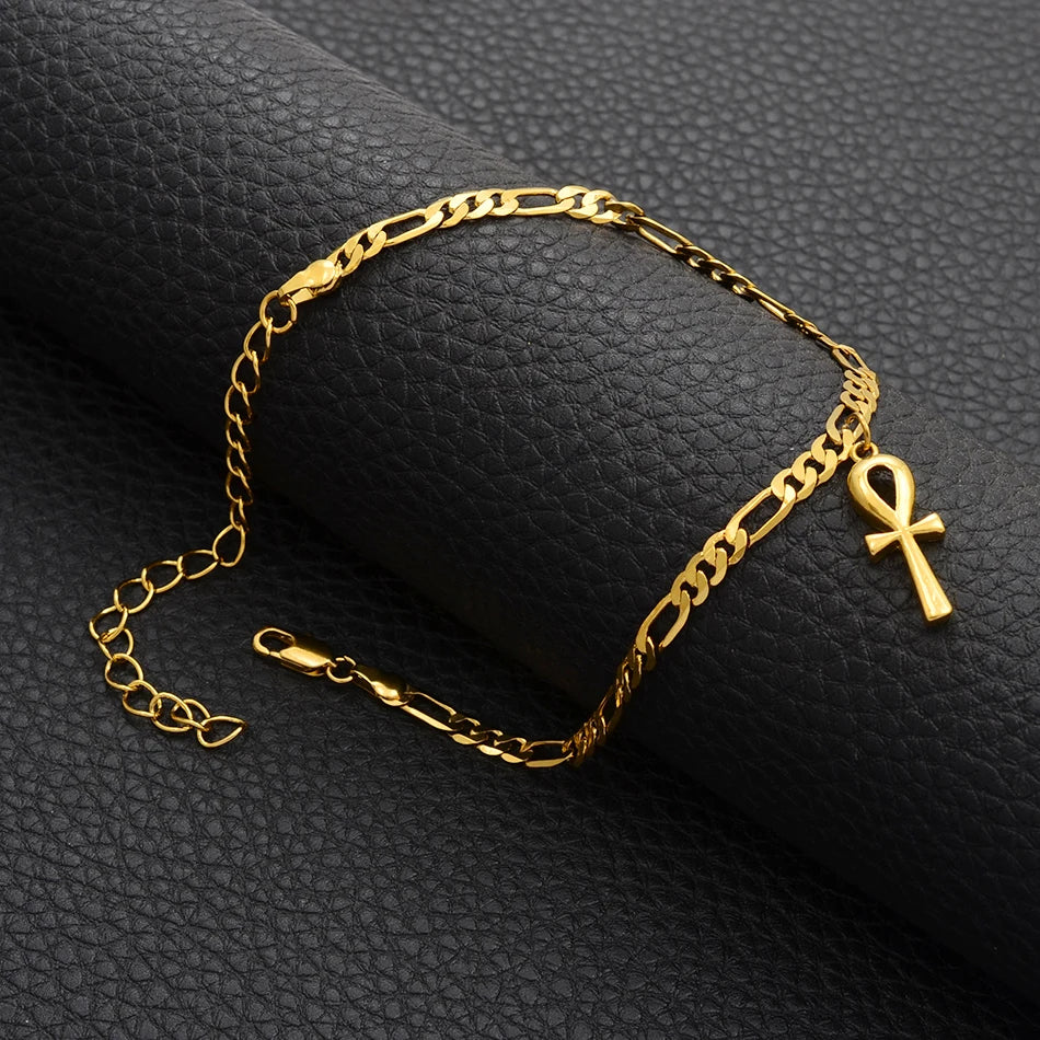 Anniyo Egyptian Ankh Cross Anklet for Woman Gold Color African Charms Foot-Chain Jewelry Girls Egypt Hieroglyphs #215006