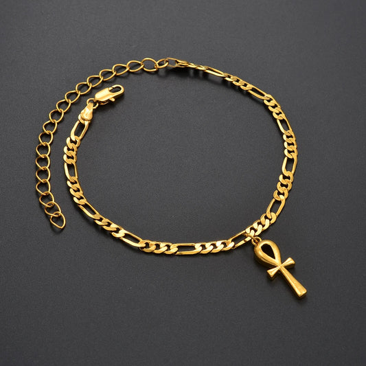 Anniyo Egyptian Ankh Cross Anklet for Woman Gold Color African Charms Foot-Chain Jewelry Girls Egypt Hieroglyphs #215006