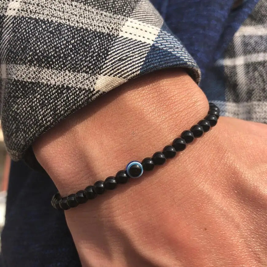 Fashion 4mm Bracelet Natural Stone Beads Evil Eye Braslet Obsidian Hematite Elastic Braclet For Men Hand Jewelry Pulseras Homme