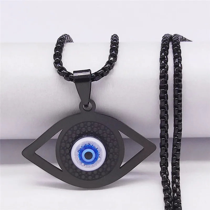 Islam Hamsa Evil Blue Eye Necklace Stainless Steel Turkish Eye Necklace Greek Jewelry ojo turco acero inoxidable N1258S02