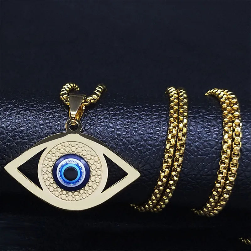 Islam Hamsa Evil Blue Eye Necklace Stainless Steel Turkish Eye Necklace Greek Jewelry ojo turco acero inoxidable N1258S02