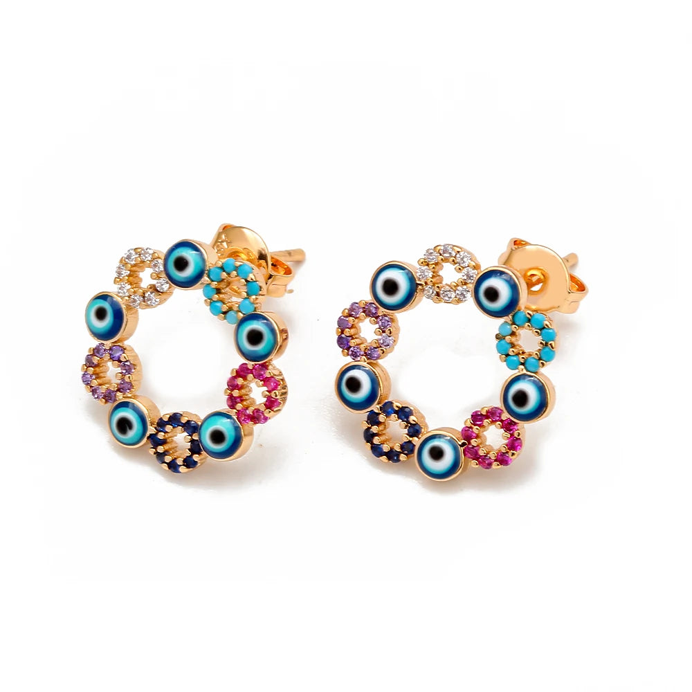 Round Stud Earrings Copper Turkish Evil Eye