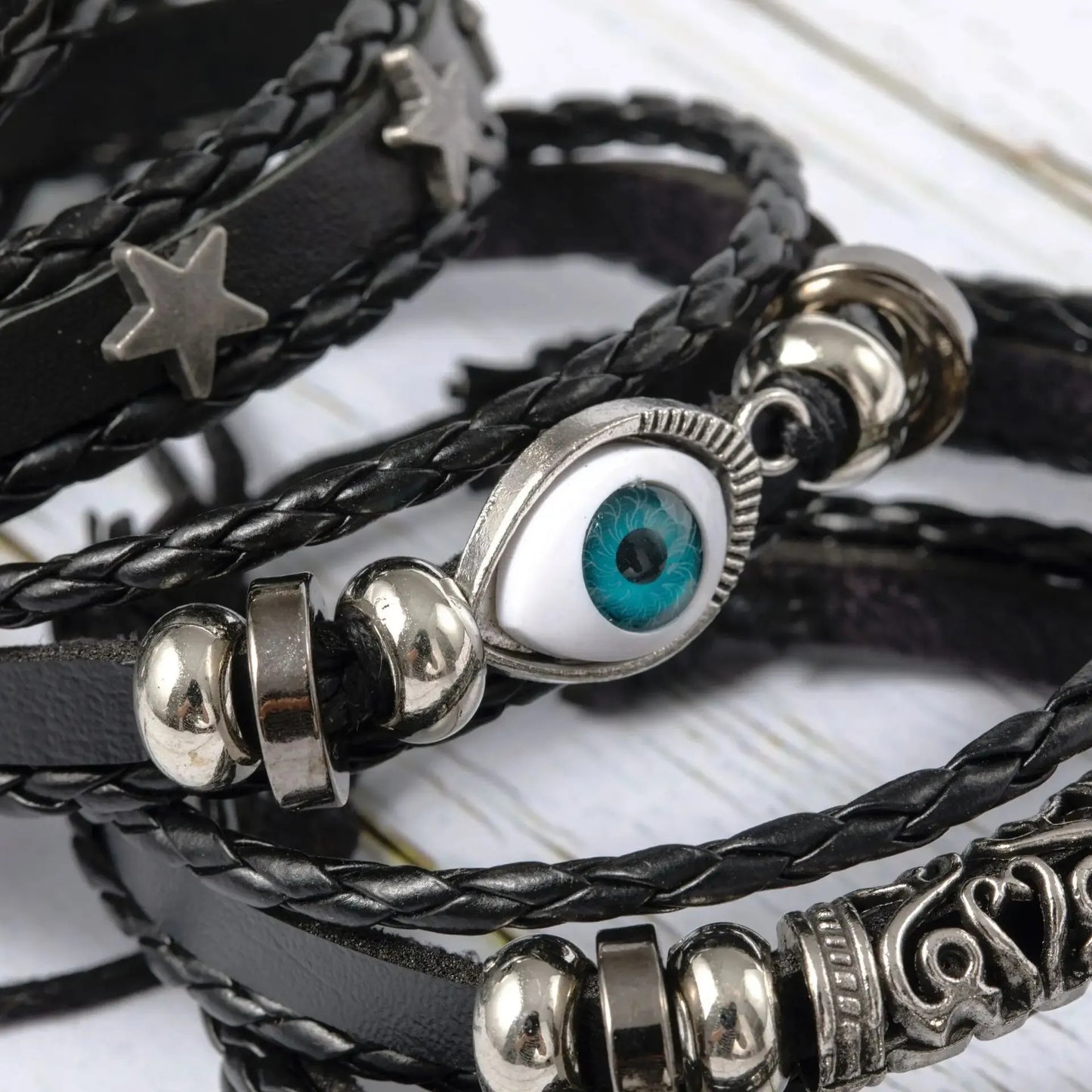 5pcs Evil Eye Wing Star Diy Braided Punk Style Bracelet Set, Featuring Pu Leather And Beads