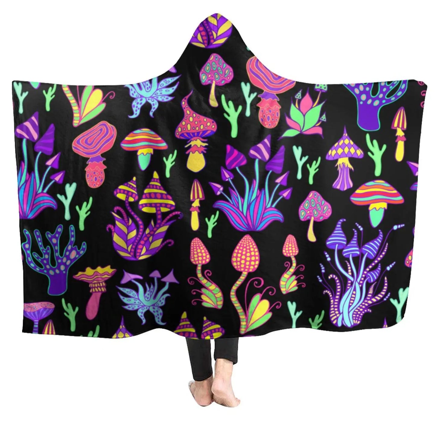 Trippy Shrooms Hooded Blanket Psychedelic Magic Mushrooms Blanket Sherpa Colorful Festival Blanket Warm Cozy Cuddle Blanket