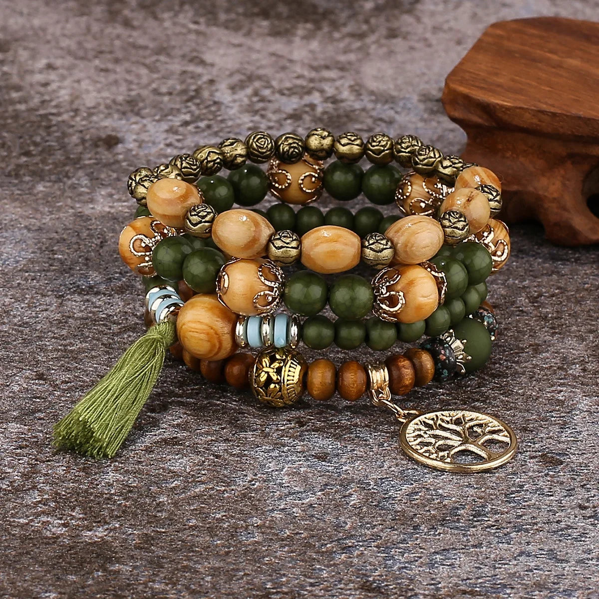 Boho Tree Of Life Bracelet Set For Women Fashion Tassels Charm Wooden Beads Elastic Chain Bangle Girl Trendy Party Jewelry