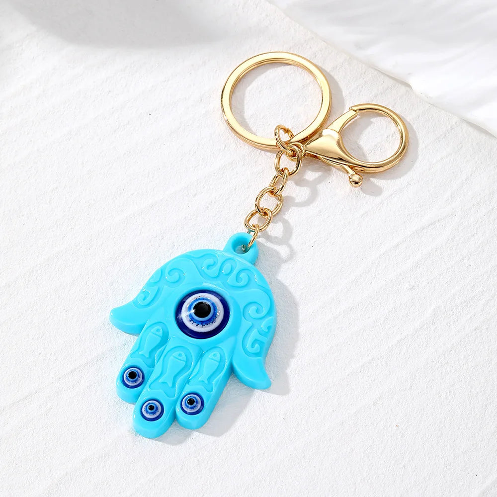 Bling Hollow Evil Eye Hamsa Hand Keychain Key Ring For Women Men Zircon Fatima Hand Blue Eye Bag Car Airpods Box Key Accessories