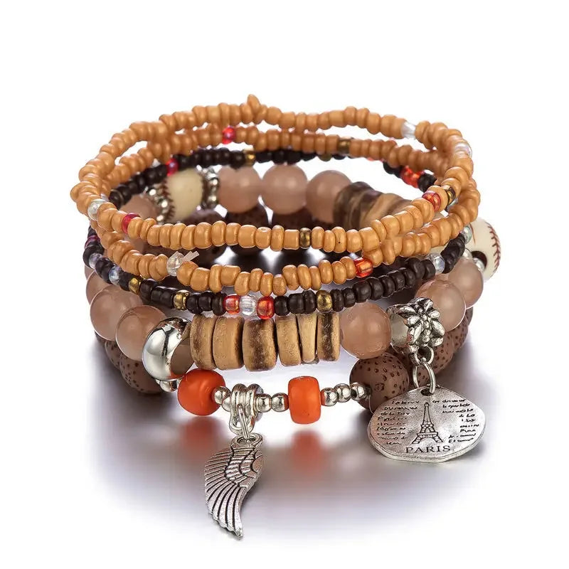 Boho Tree Of Life Bracelet Set For Women Fashion Tassels Charm Wooden Beads Elastic Chain Bangle Girl Trendy Party Jewelry