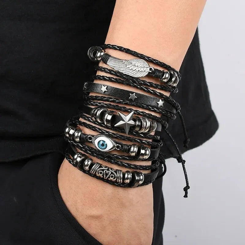 5pcs Evil Eye Wing Star Diy Braided Punk Style Bracelet Set, Featuring Pu Leather And Beads