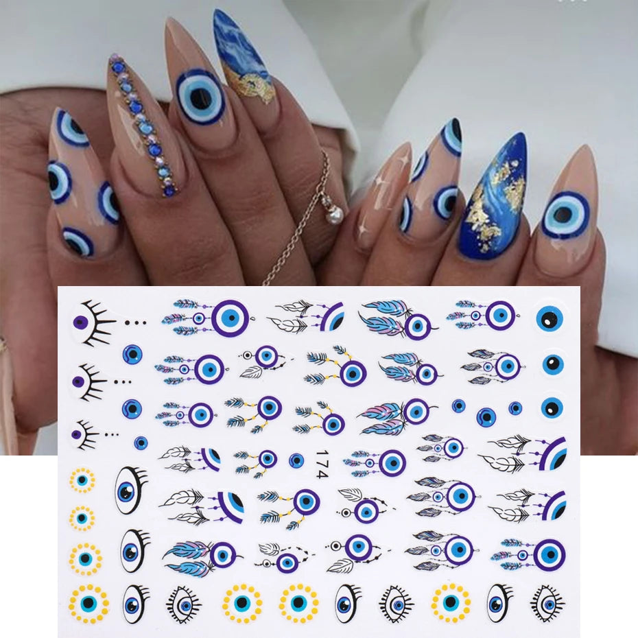 3D Purple Blue Evil Eyes Nail Stickers Snake Moon Star Line Sliders For Nails Design Summer Decor Flame Decals Manicure