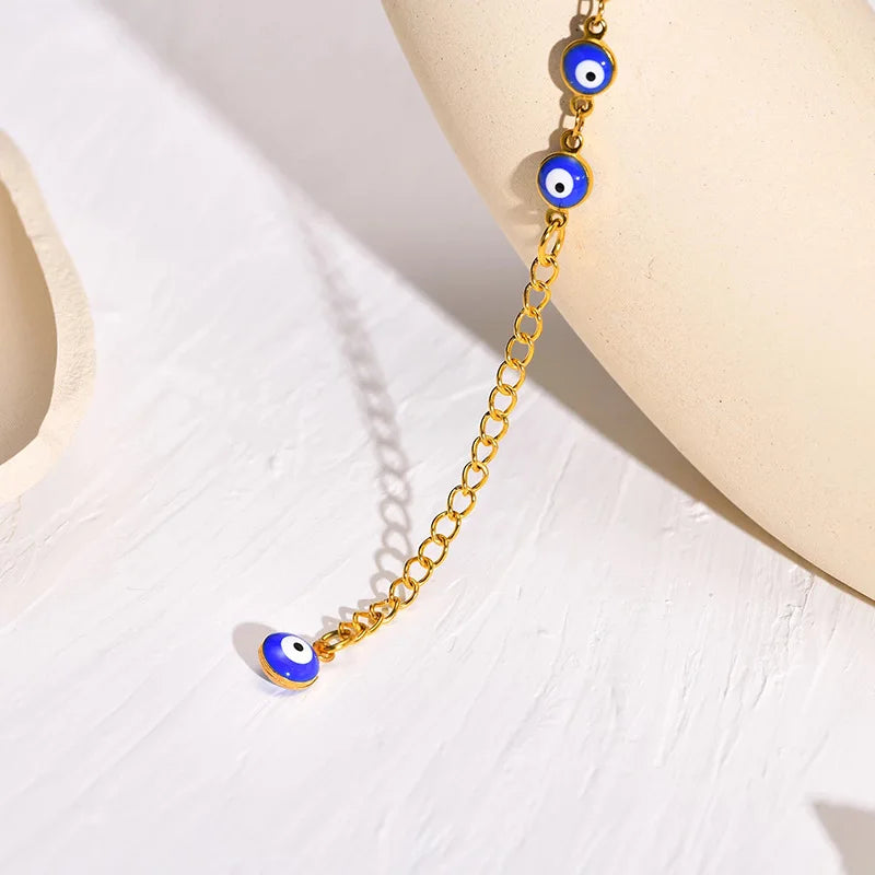 Bohemia Fatima Hamsa Hand Evil Blue Eye Charm Anklet Bracelet for Women Gold Color Stainless Steel Chain Adjustable Foot Ankle