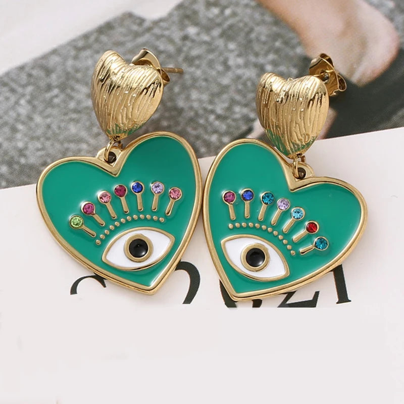 Bohemia Evil Blue Eyes Heart Earrings