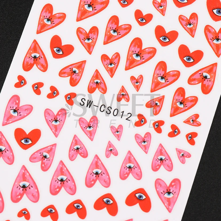 3D Heart Nail Design Blue Red Evil Eye Nail Art Decoration Sticker Press on Nails Valentine Decals Manicure Accessory SASW-CS012