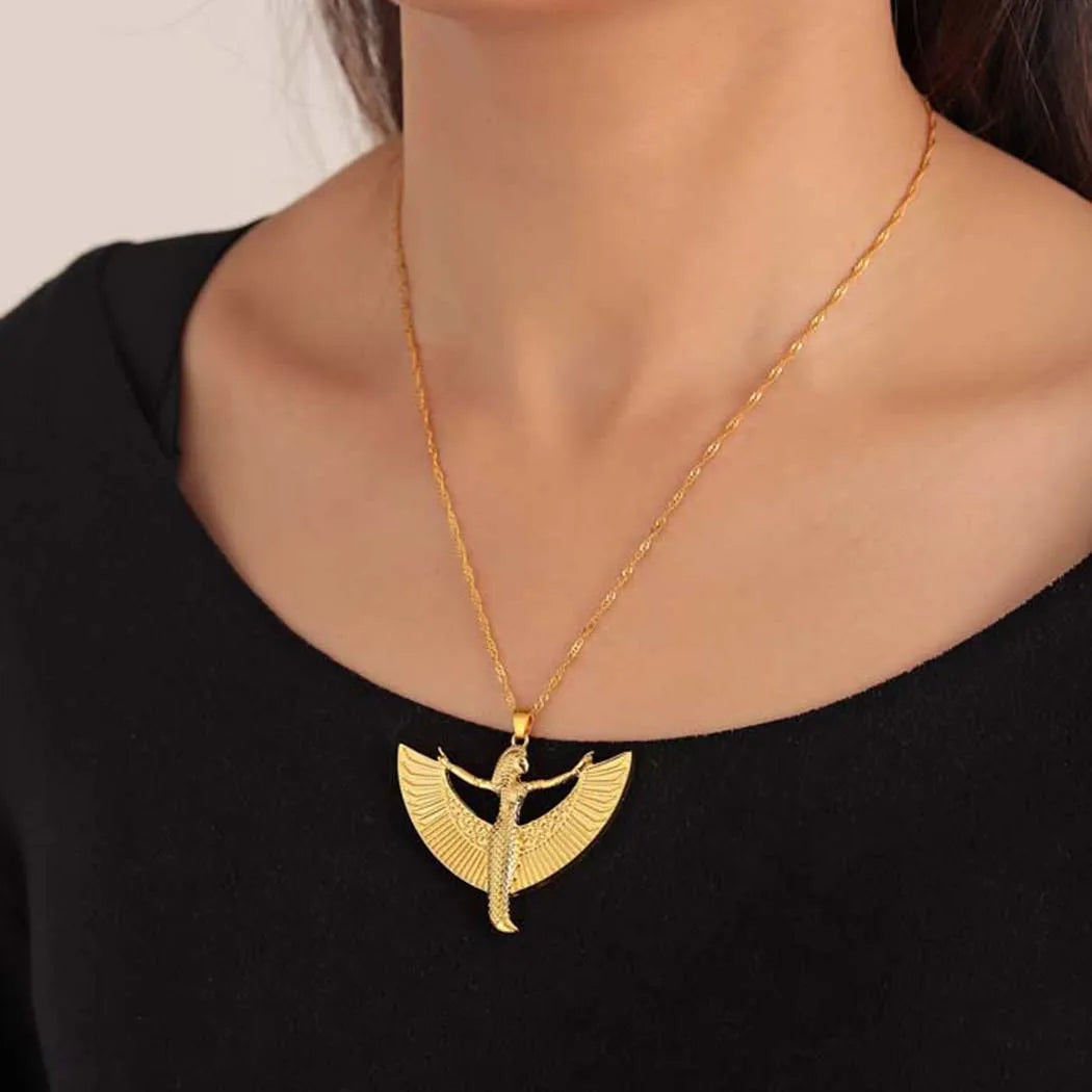 Isis Goddess Pewter Ancient Egyptian Occult Deity Fashion Gold Color Pendant Necklace for Women Gift for Girlfriend Jewelry