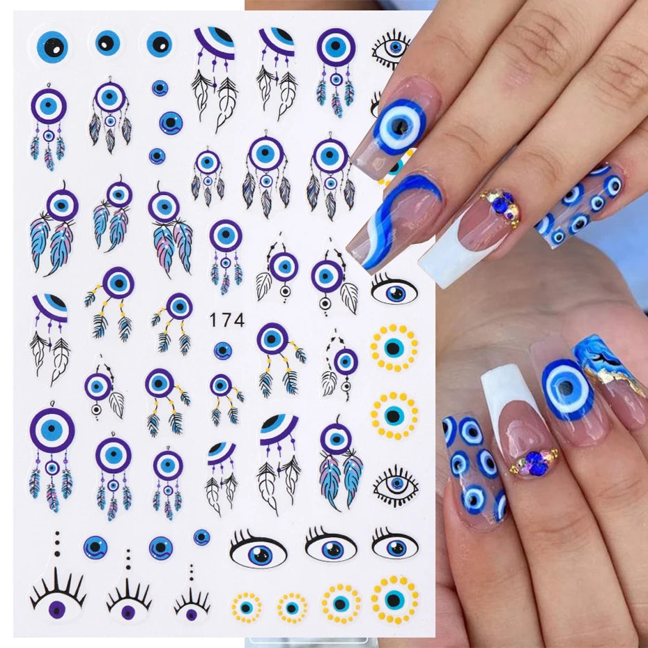 3D Purple Blue Evil Eyes Nail Stickers Snake Moon Star Line Sliders For Nails Design Summer Decor Flame Decals Manicure