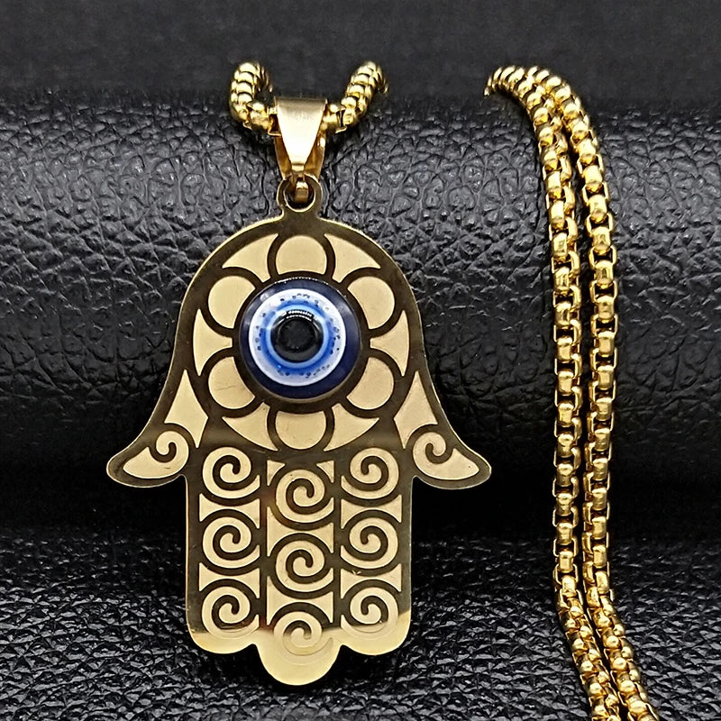 Islam Hamsa Evil Blue Eye Necklace Stainless Steel Turkish Eye Necklace Greek Jewelry ojo turco acero inoxidable N1258S02