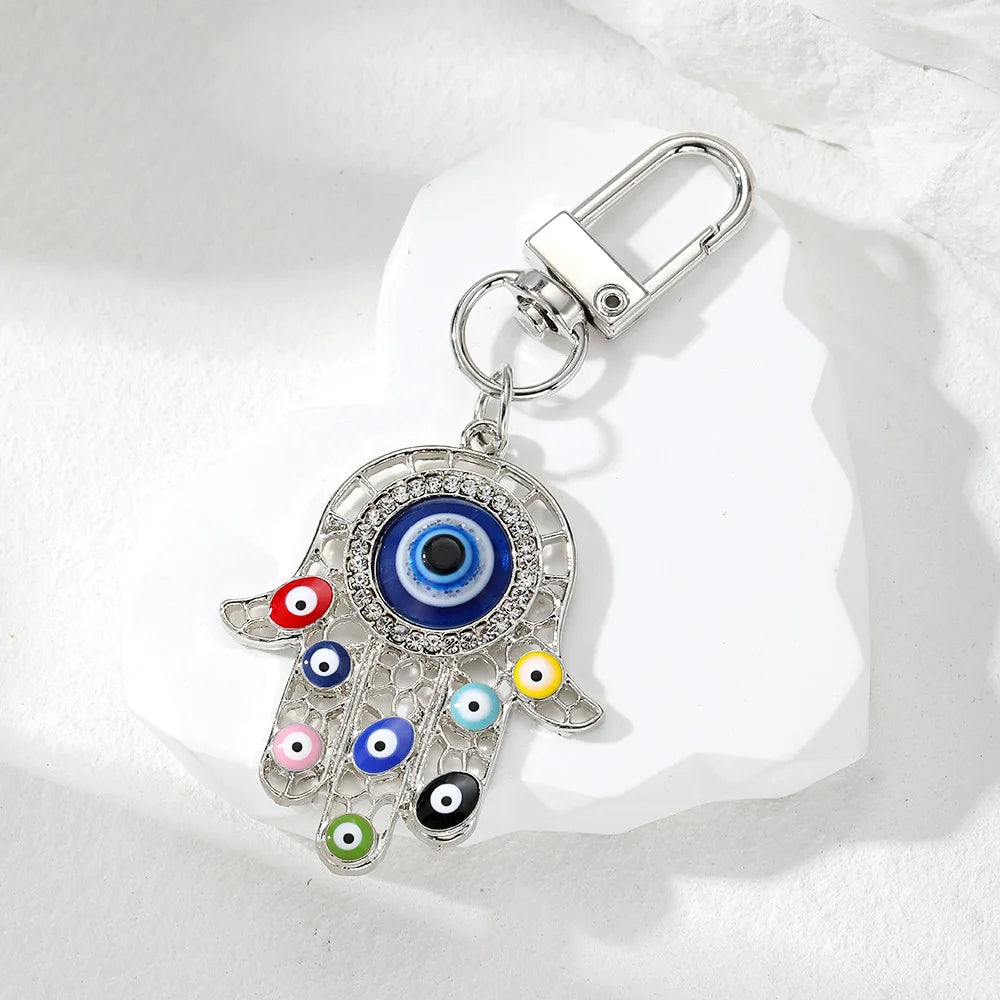 Bling Hollow Evil Eye Hamsa Hand Keychain Key Ring For Women Men Zircon Fatima Hand Blue Eye Bag Car Airpods Box Key Accessories