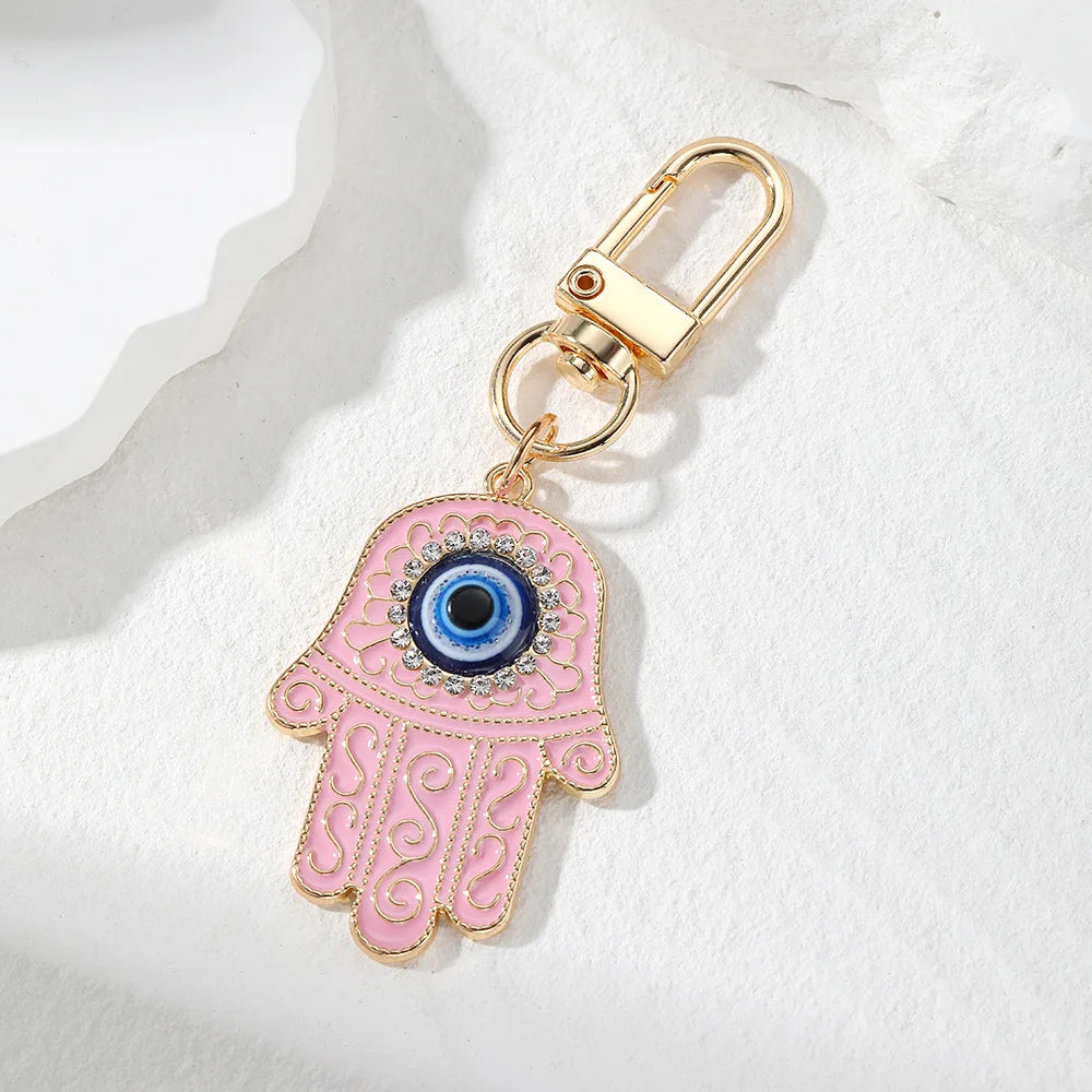 Bling Hollow Evil Eye Hamsa Hand Keychain Key Ring For Women Men Zircon Fatima Hand Blue Eye Bag Car Airpods Box Key Accessories