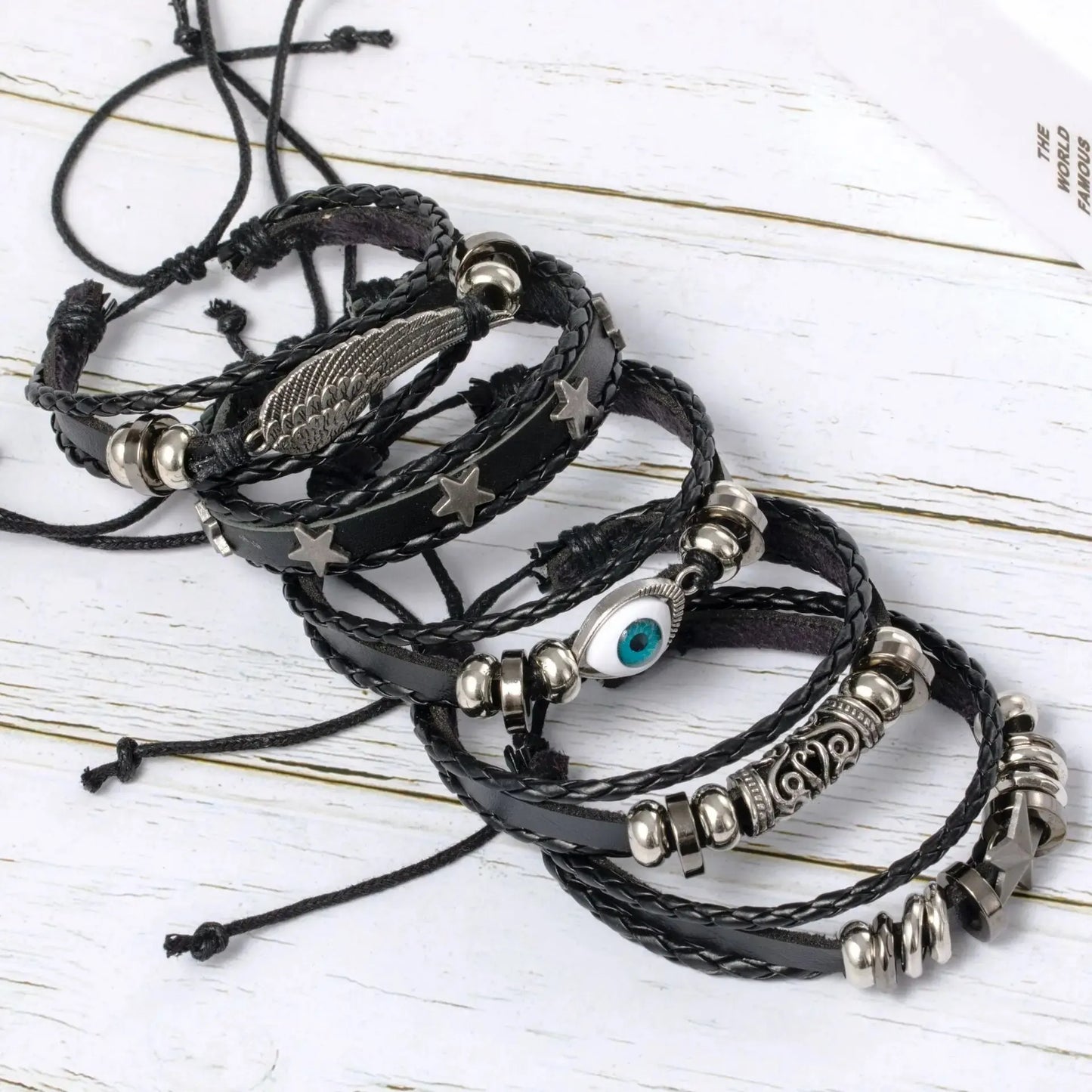 5pcs Evil Eye Wing Star Diy Braided Punk Style Bracelet Set, Featuring Pu Leather And Beads