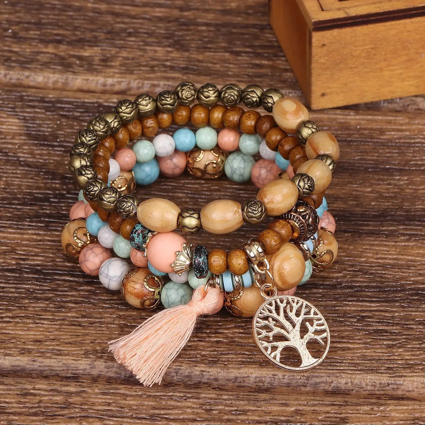 Boho Tree Of Life Bracelet Set For Women Fashion Tassels Charm Wooden Beads Elastic Chain Bangle Girl Trendy Party Jewelry