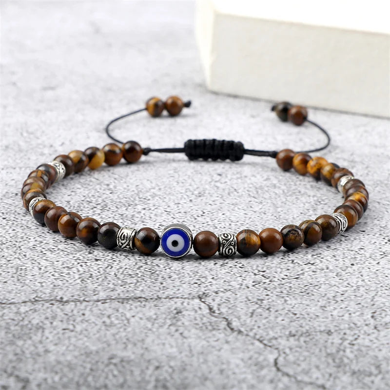 Evil Eye Bracelet 4mm Natural Black Matte Lava Stone Beads Handmade Braided Bracelet for Men Women Yoga Reiki Adjustable Jewelry