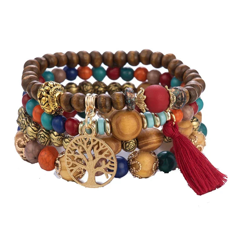 Boho Tree Of Life Bracelet Set For Women Fashion Tassels Charm Wooden Beads Elastic Chain Bangle Girl Trendy Party Jewelry