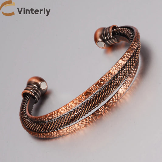 Vinterly Pure Copper Bracelets Female Magnetic Vintage Flower Adjustable Cuff High Magnets Bangle Soft Metal Women Gifts Jewelry