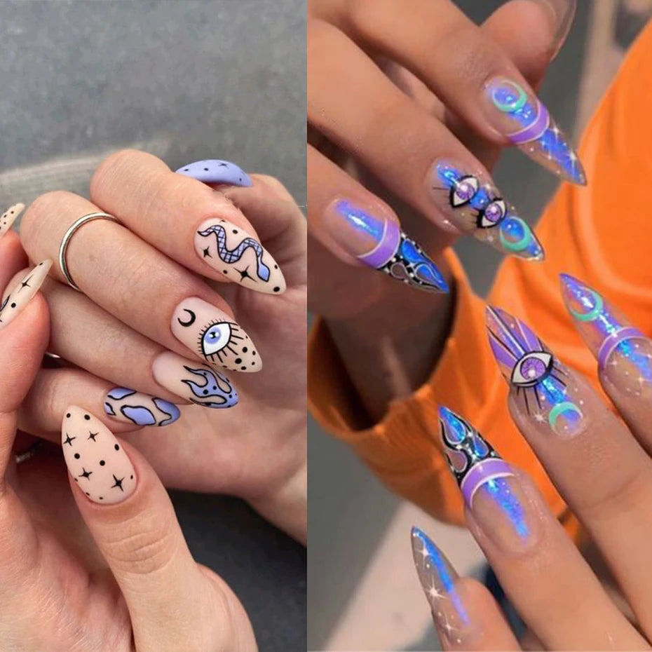 3D Purple Blue Evil Eyes Nail Stickers Snake Moon Star Line Sliders For Nails Design Summer Decor Flame Decals Manicure