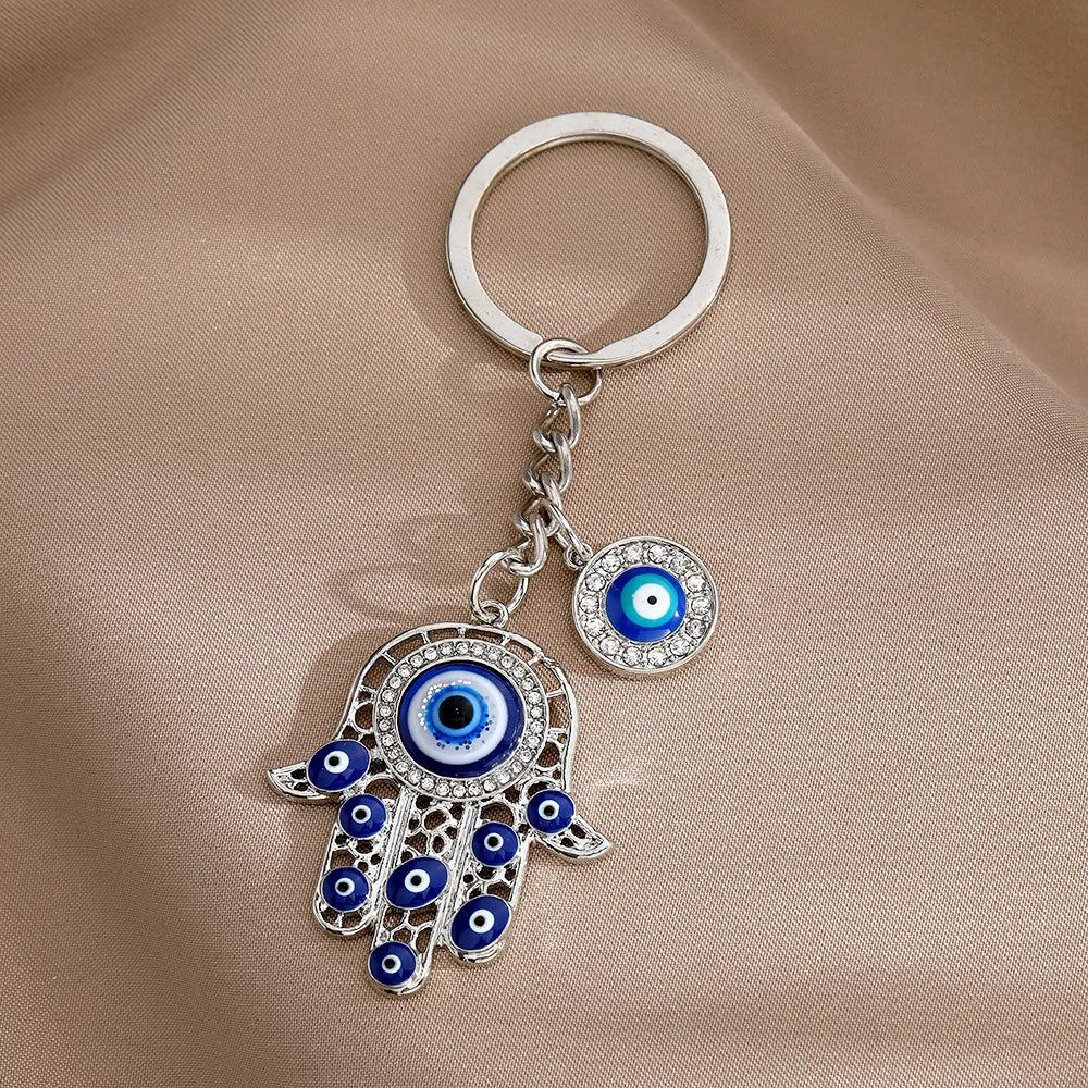 Bling Hollow Evil Eye Hamsa Hand Keychain Key Ring For Women Men Zircon Fatima Hand Blue Eye Bag Car Airpods Box Key Accessories