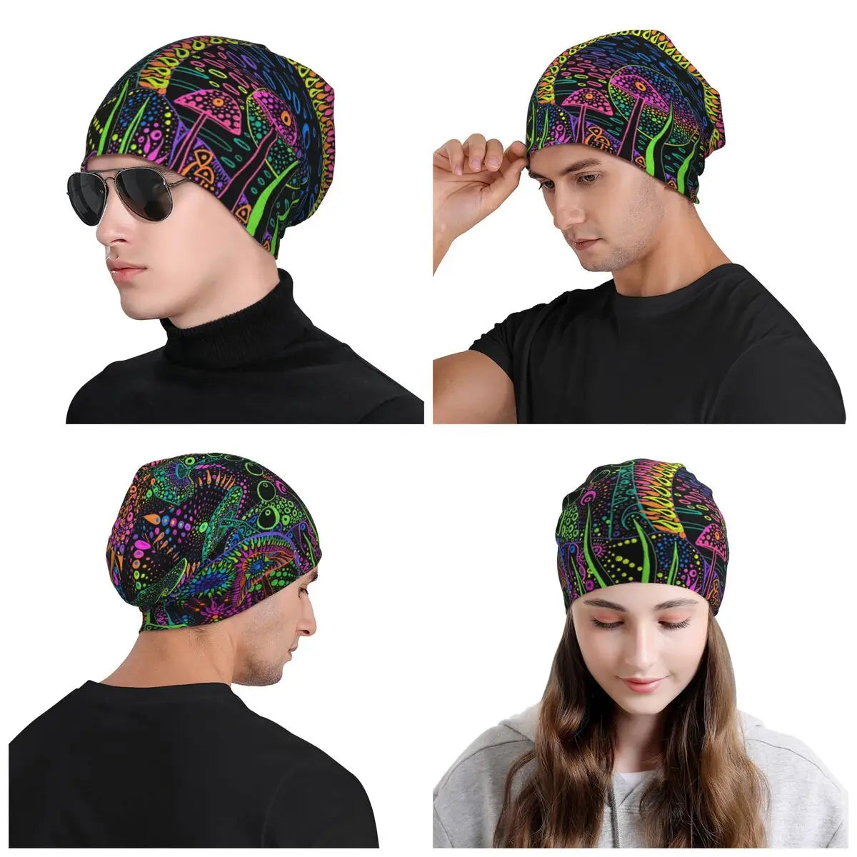 Custom Magic Mushroom Trippy Psychedelic Neon Pastel Goth Bonnet Hat Knitting Hat Men Women Unisex Warm Winter Beanies Cap