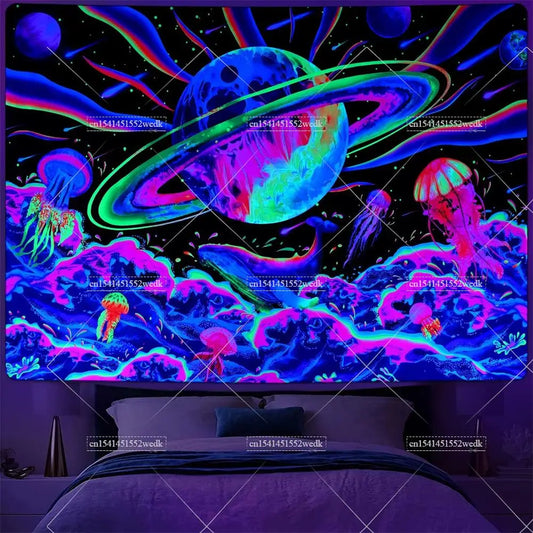 Blacklight Tapestry Trippy Space Tapestries UV Reactive Planet Tapestry Neon Glow In The Dark Whale Jellyfish Tapestrys For Home