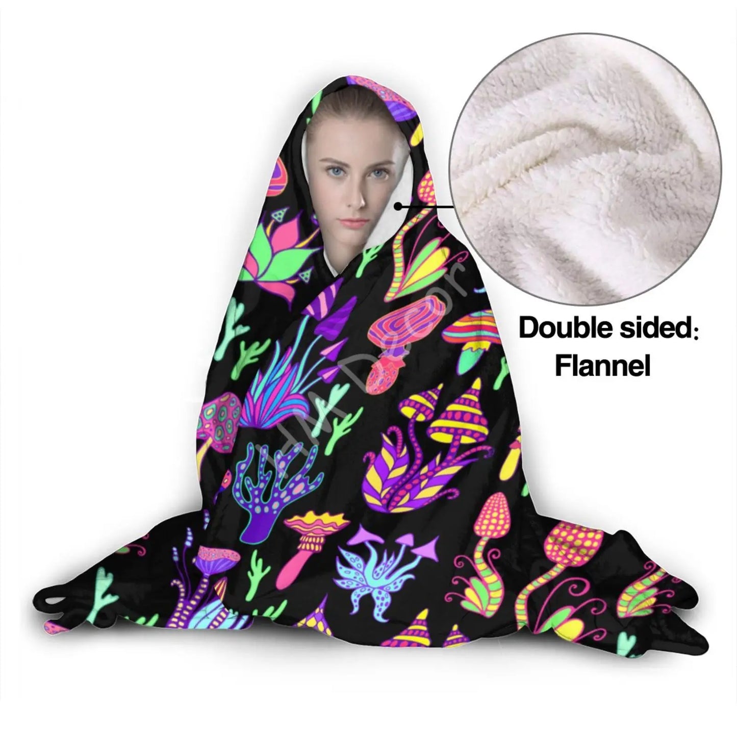 Trippy Shrooms Hooded Blanket Psychedelic Magic Mushrooms Blanket Sherpa Colorful Festival Blanket Warm Cozy Cuddle Blanket