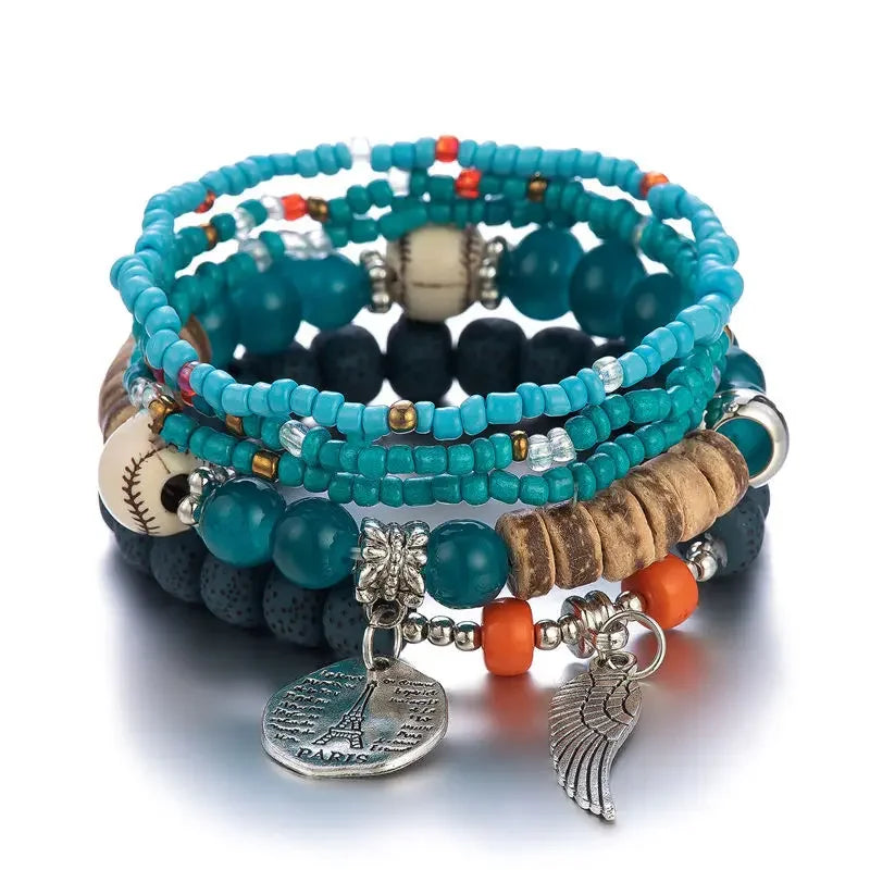 Boho Tree Of Life Bracelet Set For Women Fashion Tassels Charm Wooden Beads Elastic Chain Bangle Girl Trendy Party Jewelry