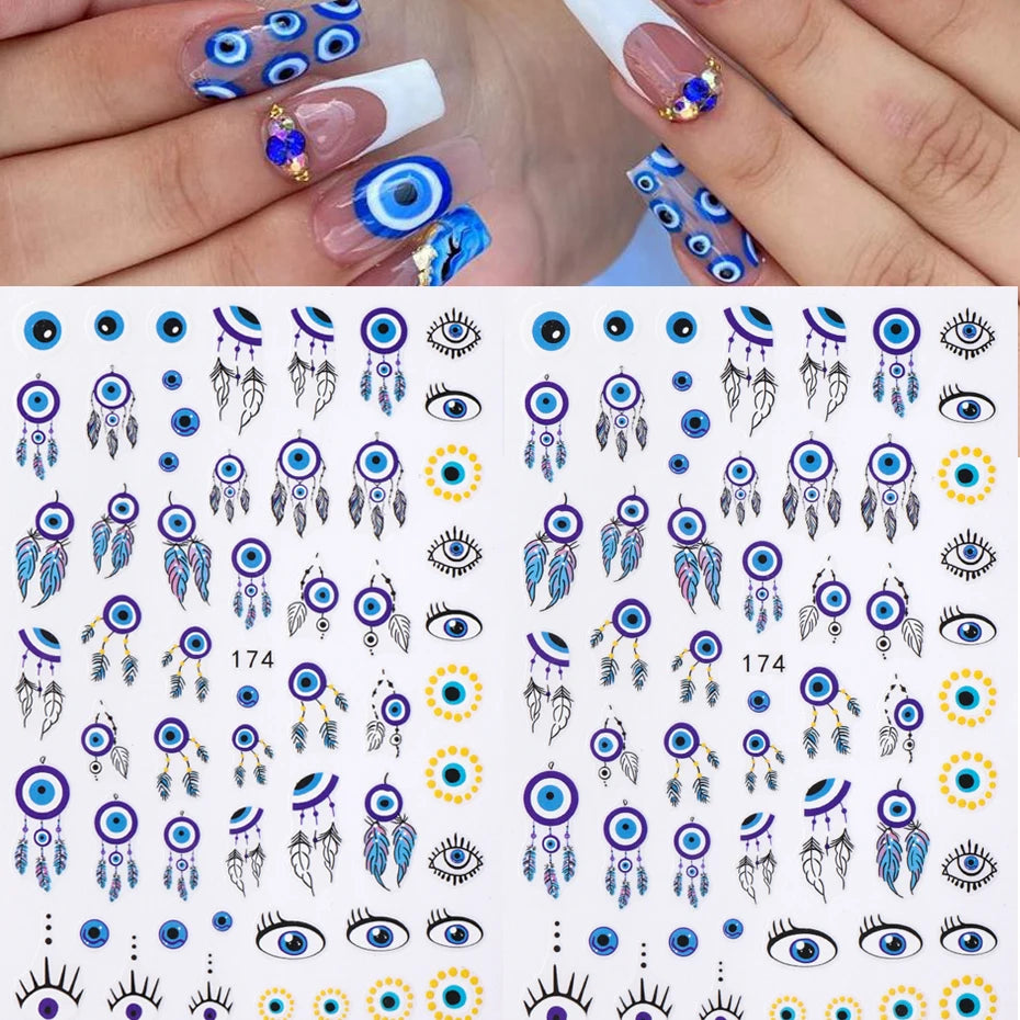 3D Purple Blue Evil Eyes Nail Stickers Snake Moon Star Line Sliders For Nails Design Summer Decor Flame Decals Manicure