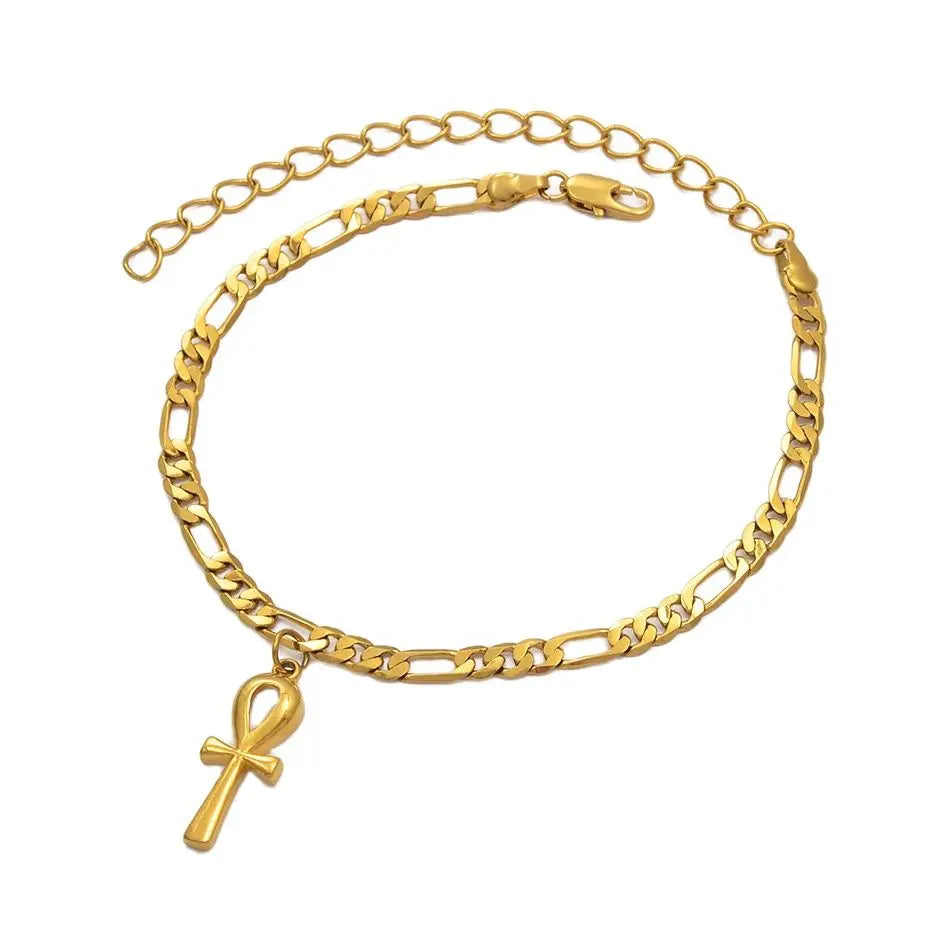 Anniyo Egyptian Ankh Cross Anklet for Woman Gold Color African Charms Foot-Chain Jewelry Girls Egypt Hieroglyphs #215006