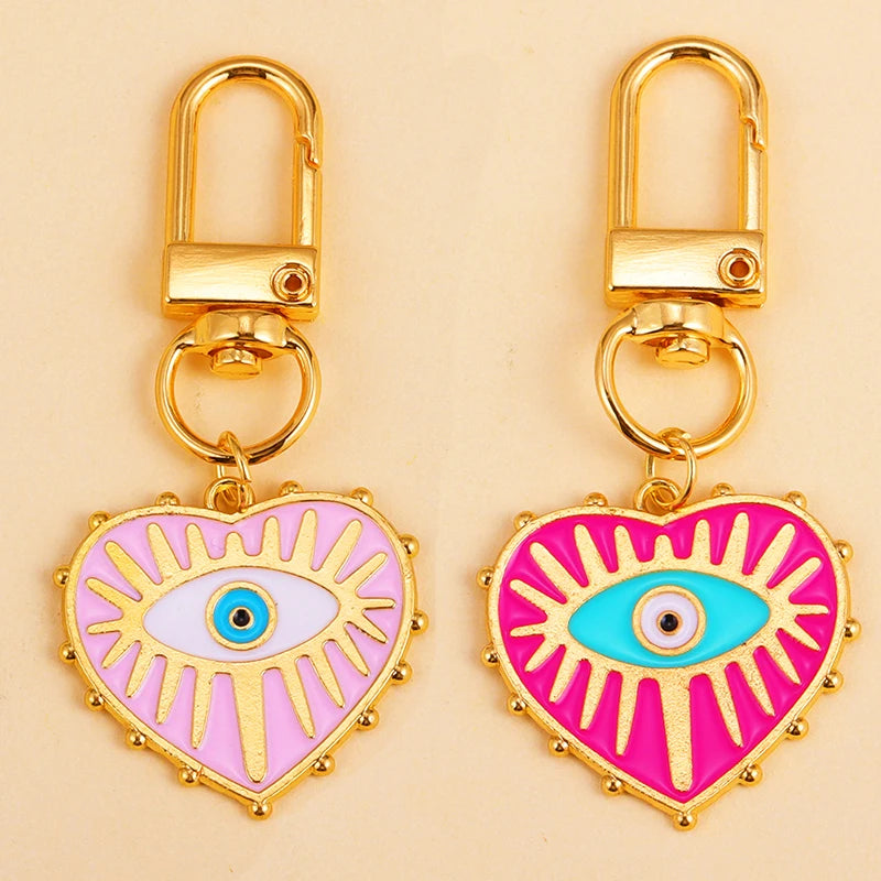 2Pcs Alloy Key Chains Rotationable Clasp Keyring Evil Blue Eye Love Heart Pendant Keychain Women Car Key Bag Decoration Accessor