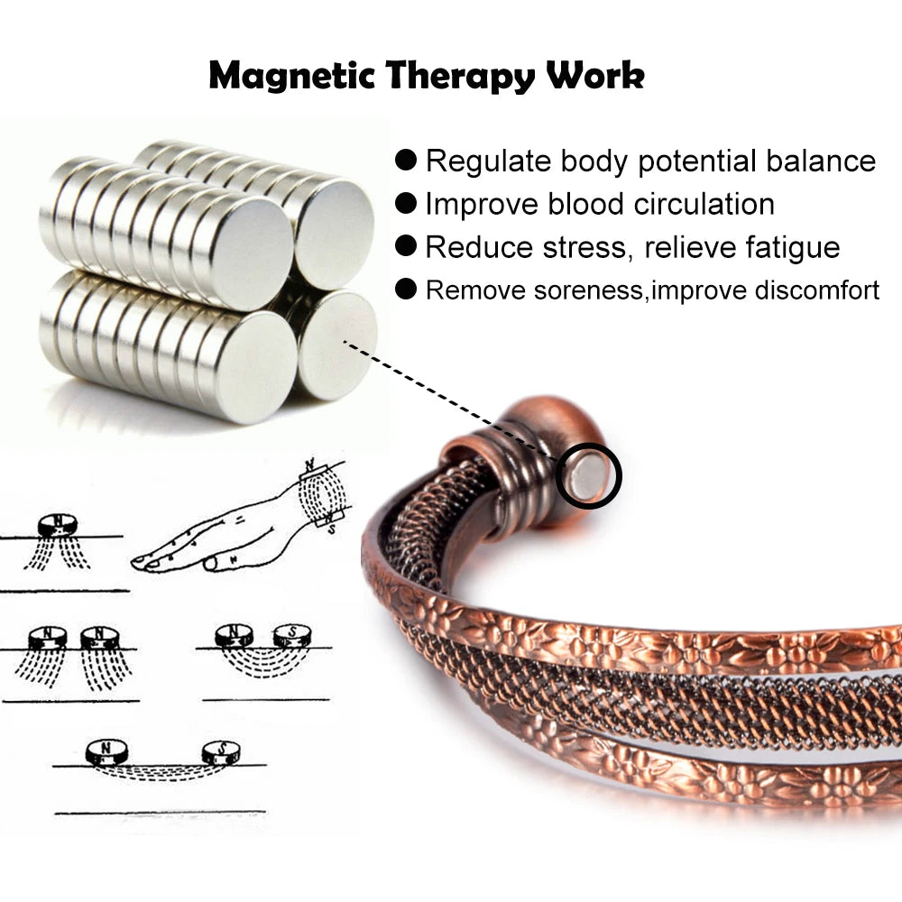 Vinterly Pure Copper Bracelets Female Magnetic Vintage Flower Adjustable Cuff High Magnets Bangle Soft Metal Women Gifts Jewelry