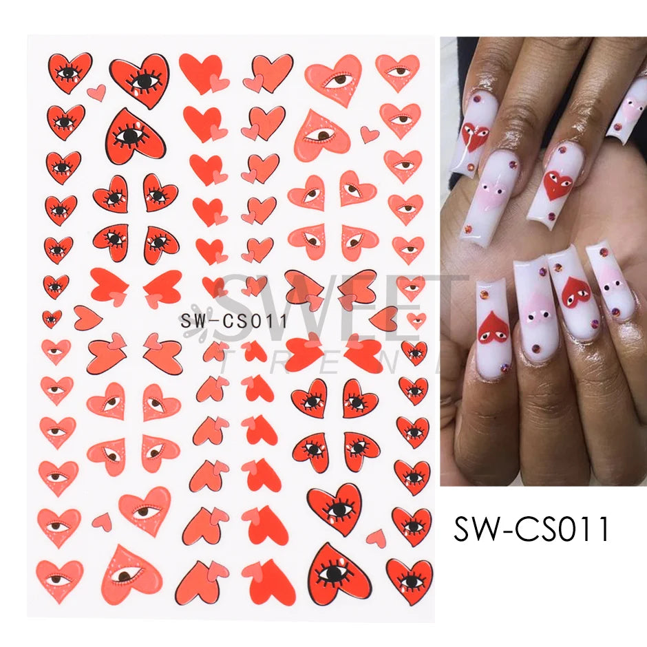 3D Heart Nail Design Blue Red Evil Eye Nail Art Decoration Sticker Press on Nails Valentine Decals Manicure Accessory SASW-CS012