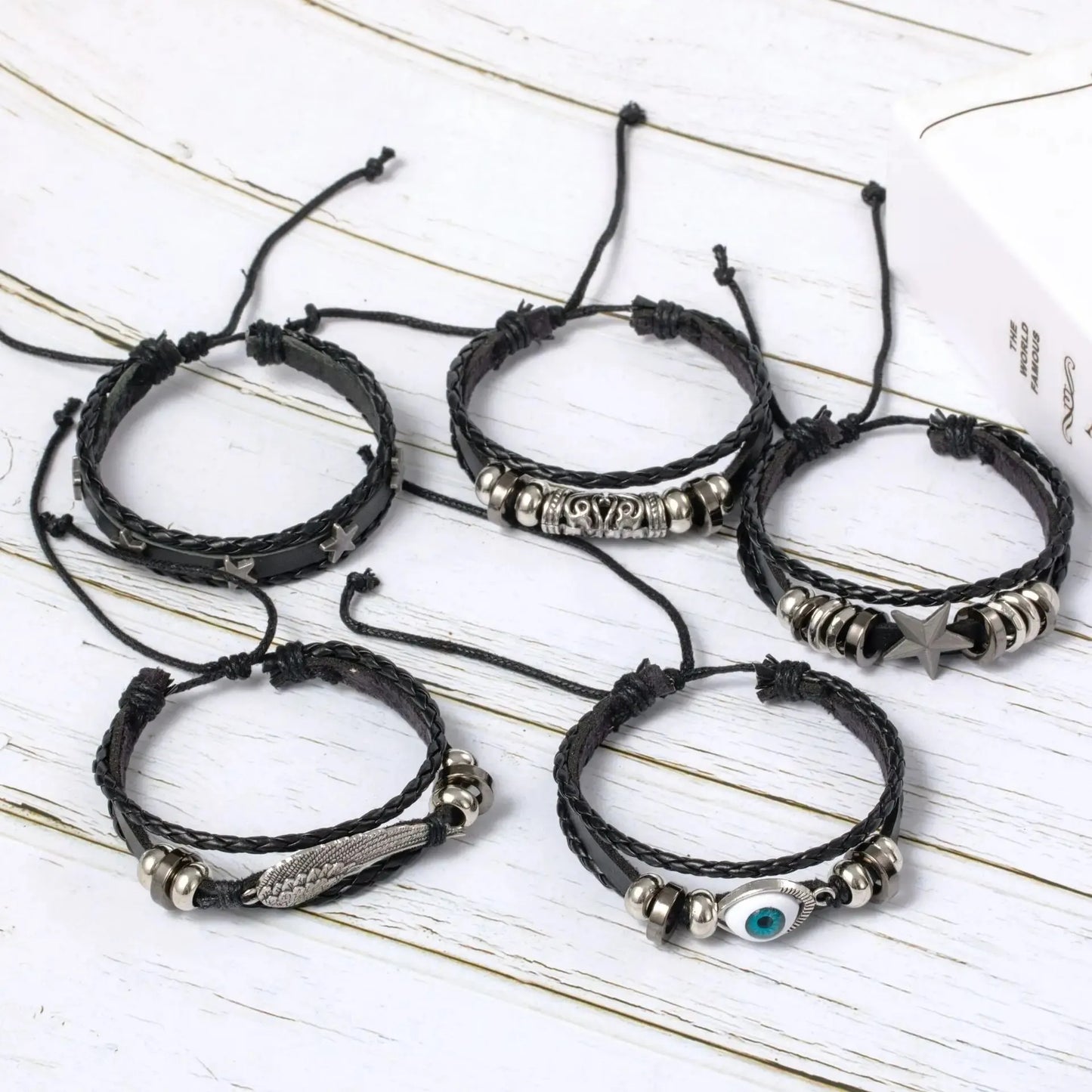 5pcs Evil Eye Wing Star Diy Braided Punk Style Bracelet Set, Featuring Pu Leather And Beads