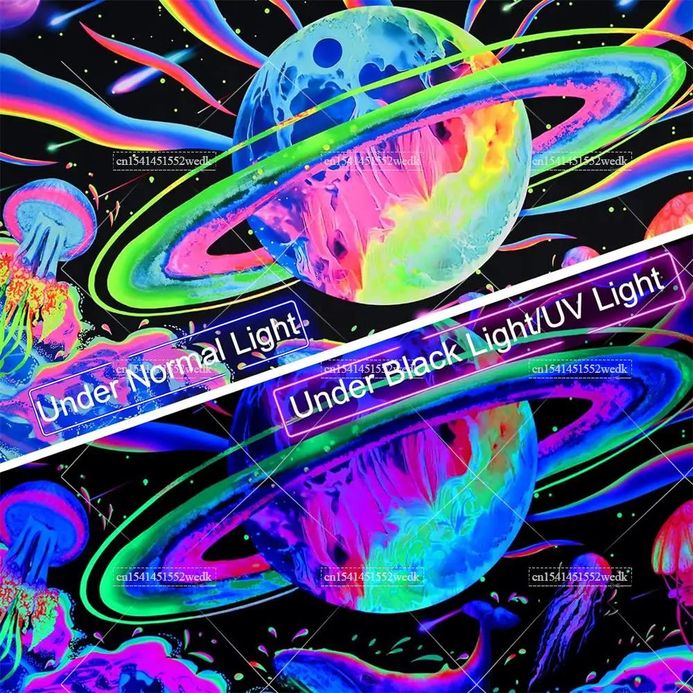 Blacklight Tapestry Trippy Space Tapestries UV Reactive Planet Tapestry Neon Glow In The Dark Whale Jellyfish Tapestrys For Home