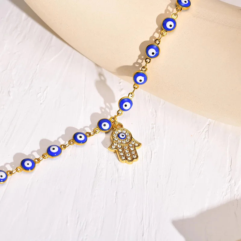 Bohemia Fatima Hamsa Hand Evil Blue Eye Charm Anklet Bracelet for Women Gold Color Stainless Steel Chain Adjustable Foot Ankle