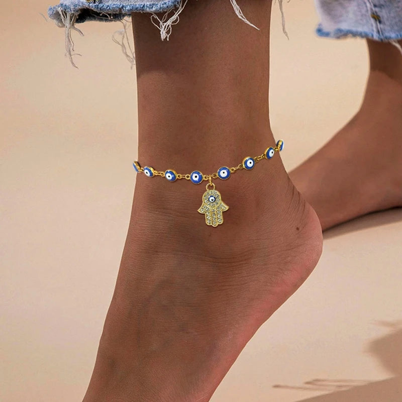 Bohemia Fatima Hamsa Hand Evil Blue Eye Charm Anklet Bracelet for Women Gold Color Stainless Steel Chain Adjustable Foot Ankle